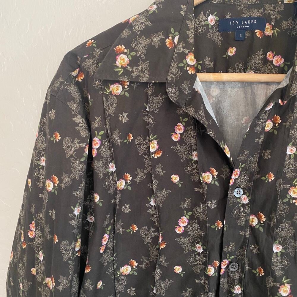 Ted Baker Mens Sz 4 Large Button Down Shirt Floral Pintuck Cotton Long Sleeve